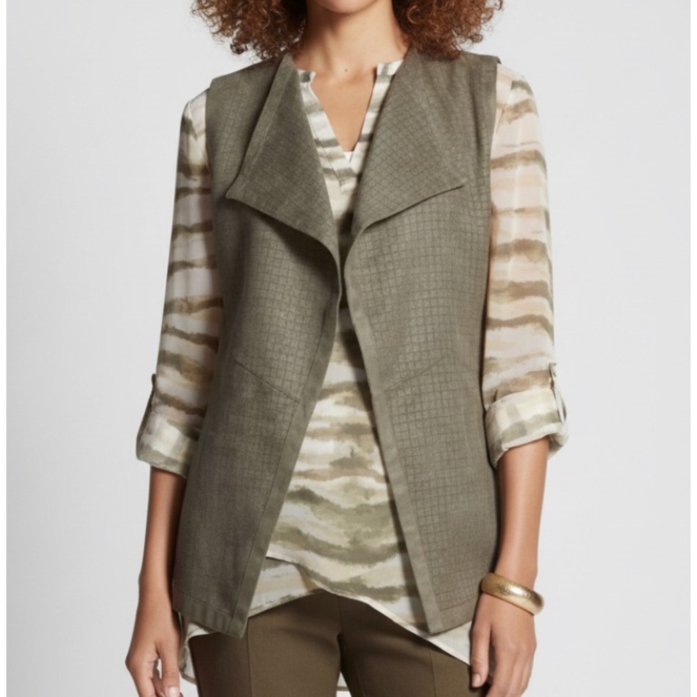 CHICO'S Olive Green Faux Suede DRAPE OPEN VEST JACKET TOP Perforated Laser Cut 2